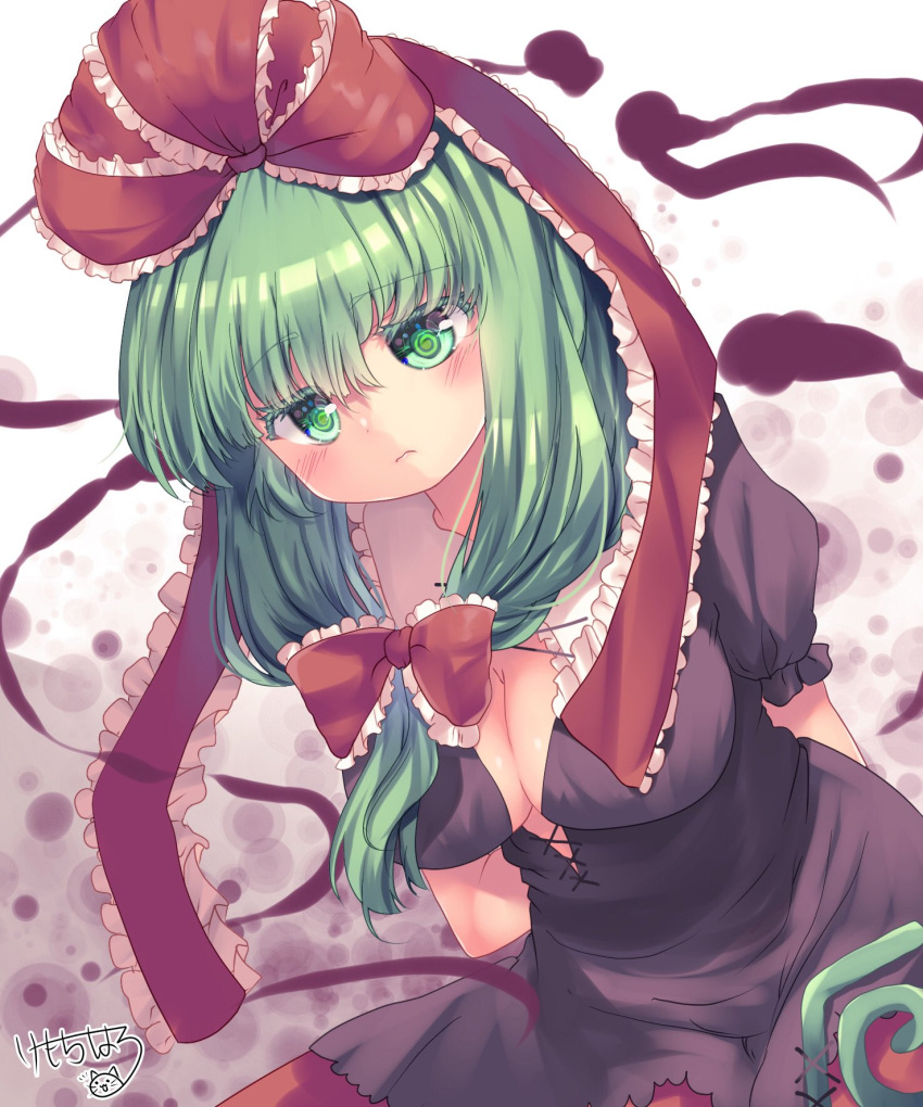 arms_behind_back black_dress blush bow breasts cleavage closed_mouth dress female frilled_ribbon frills front_ponytail green_eyes green_hair hair_ribbon hairbow highres kagiyama_hina kemo_chiharu large_breasts leaning_forward long_hair looking_at_viewer medium_breasts puffy_short_sleeves puffy_sleeves red_bow red_ribbon ribbon short_sleeves solo touhou upper_body