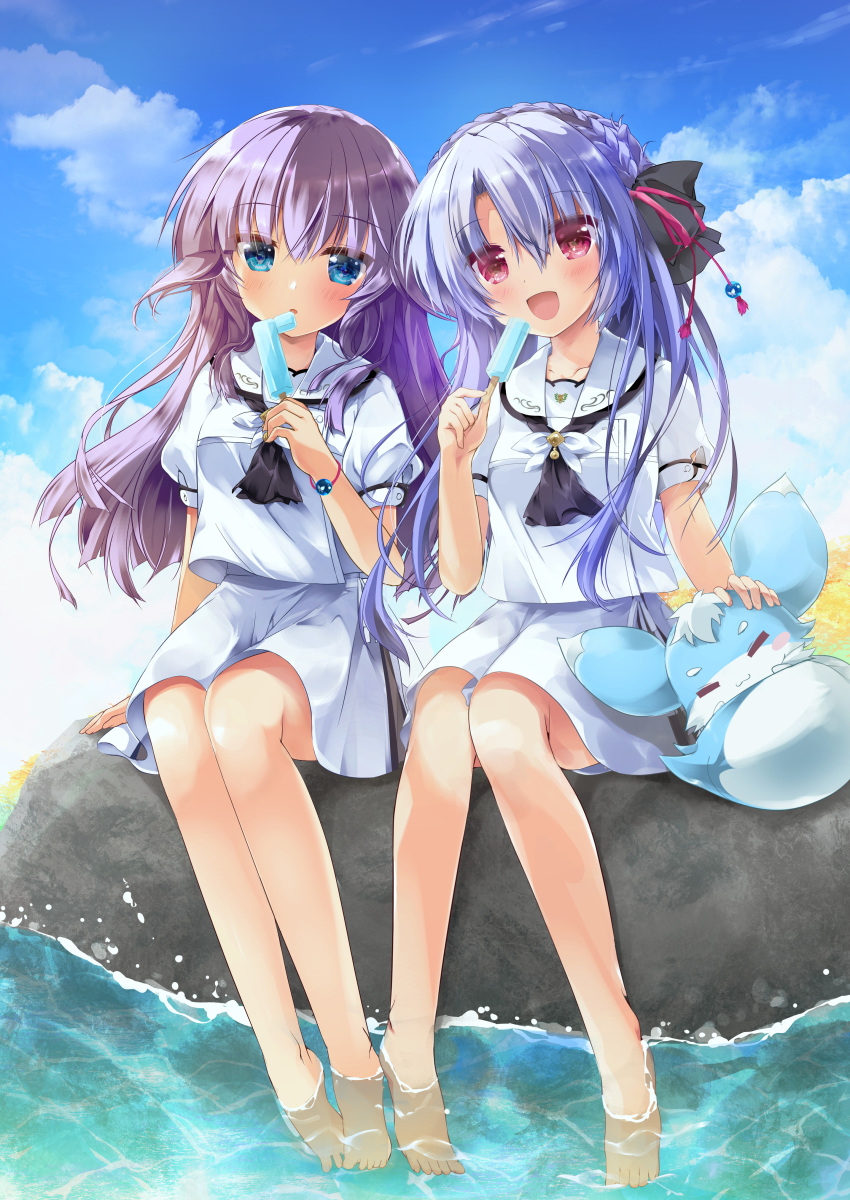 2girls :d absurdres asahina_yori barefoot blue_eyes blue_hair blue_sky blush breasts cloud commentary_request day full_body hair_between_eyes hair_ornament highres holding inari_(summer_pockets) knees_together_feet_apart legs_together long_hair looking_at_viewer multiple_girls open_mouth outdoors photoshop_(medium) promotional_art purple_hair red_eyes rock school_uniform serafuku short_sleeves siblings side-by-side sisters sitting sitting_on_rock sky smile soaking_feet sorakado_ai sorakado_ao summer_pockets