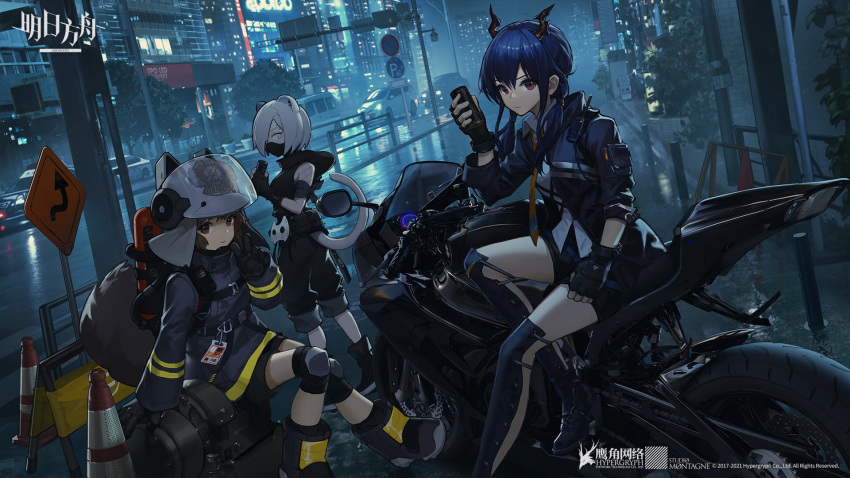 3girls animal_ears animal_ears_helmet arknights can canned_coffee car ch'en_(arknights) city_lights cityscape dragon_girl dragon_horns drink_can fire_helmet firefighter firefighter_jacket highres holding holding_can horns jacket mask motor_vehicle motorcycle mouth_mask multiple_girls necktie ninja ninja_mask official_art radio road road_sign shaw_(arknights) shirayuki_(arknights) sign squirrel_girl squirrel_tail stoat_girl tail traffic_light wang-xi weasel_ears weasel_girl weasel_tail