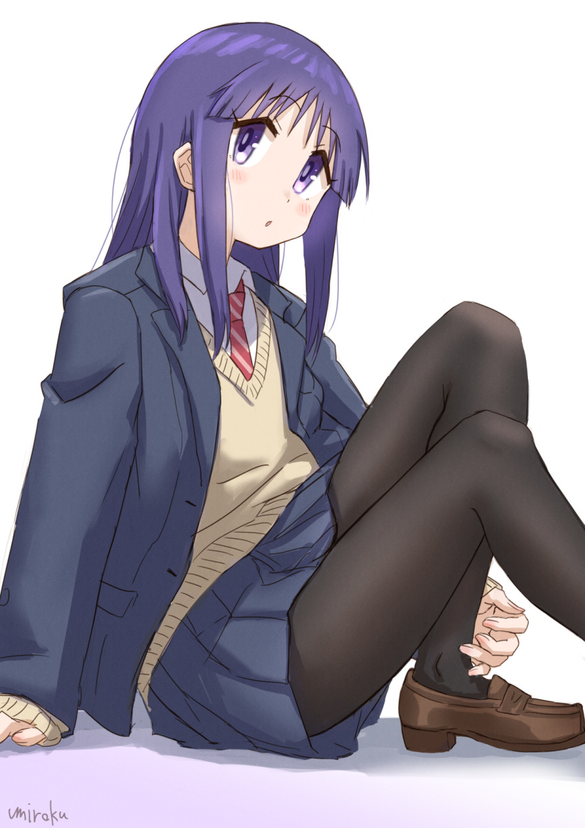 black_jacket black_pantyhose blazer blue_skirt brown_footwear brown_sweater collared_shirt commentary diagonal-striped_clothes diagonal-striped_necktie feet_out_of_frame female highres hinata_yukari jacket knees_up loafers long_hair looking_at_viewer necktie open_clothes open_jacket pantyhose parted_lips pleated_skirt purple_eyes purple_hair red_necktie school_uniform shirt shoes signature sitting skirt solo striped_clothes sweater umiroku white_background white_shirt yuyushiki