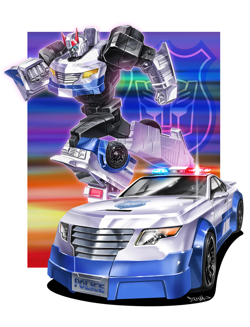 autobot blue_eyes car clenched_hands highres insignia mecha motor_vehicle no_humans photoshop_(medium) police police_car prowl_(transformers) robot running solo transformers yasukuni_kazumasa