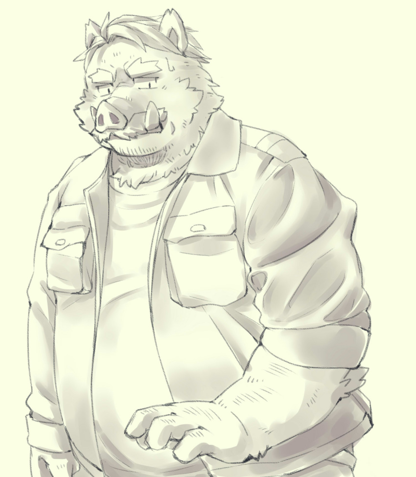 2023 anthro belly big_belly clothing furipon hi_res humanoid_hands kemono male mammal overweight overweight_male shirt simple_background solo suid suina sus_(pig) topwear wild_boar