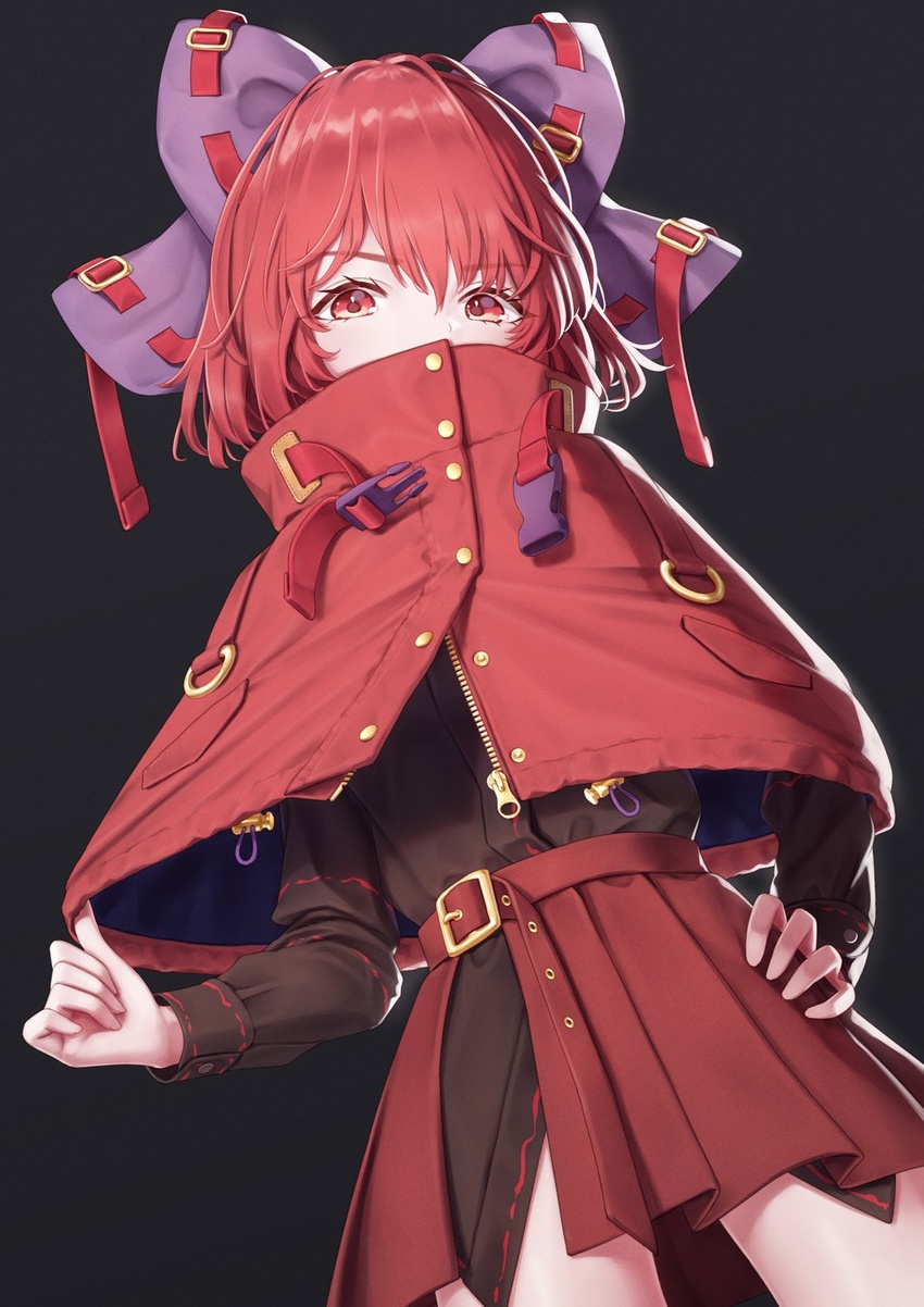 adapted_costume black_background black_shirt bow capelet commentary_request cowboy_shot female hair_between_eyes hairbow hand_on_own_hip high_collar highres long_sleeves looking_at_viewer miniskirt pleated_skirt purple_bow red_capelet red_eyes red_hair red_skirt sekibanki sekibanki_day shirt short_hair simple_background skirt solo standing torinari_(dtvisu) touhou