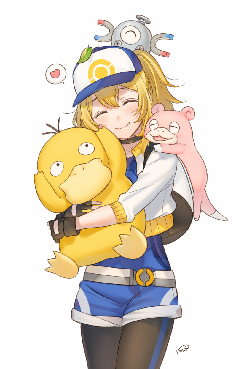 baseball_cap belt blonde_hair blush brown_gloves choker closed_eyes closed_mouth cowboy_shot female female_protagonist_(pokemon_go) fingerless_gloves gloves grey_background hat heart highres hug kippu leaf leaf_on_head magnemite on_head on_shoulder pantyhose pokemon pokemon_(creature) pokemon_go pokemon_on_head pokemon_on_shoulder ponytail psyduck shorts signature simple_background slowpoke smile spoken_heart