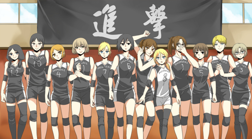 6+girls annie_leonhart armband black_eyes black_hair black_legwear black_shirt black_shorts blonde_hair blue_eyes brown_eyes brown_hair closed_mouth clothes_writing commentary everyone expressionless freckles glasses haikyuu!! hange_zoe highres hitch_dreyse krista_lenz legband licking_lips looking_at_viewer mikasa_ackerman mina_carolina multiple_girls nanaba nifa_(shingeki_no_kyojin) orange_eyes orange_hair parody parted_lips petra_ral ponytail rico_brzenska sasha_blouse shingeki_no_kyojin shirt short_hair short_twintails shorts sleeveless sleeveless_shirt smile sportswear standing thighhighs tied_hair tongue tongue_out traditional_media twintails volleyball_uniform white_shirt ymir_(shingeki_no_kyojin) yoon