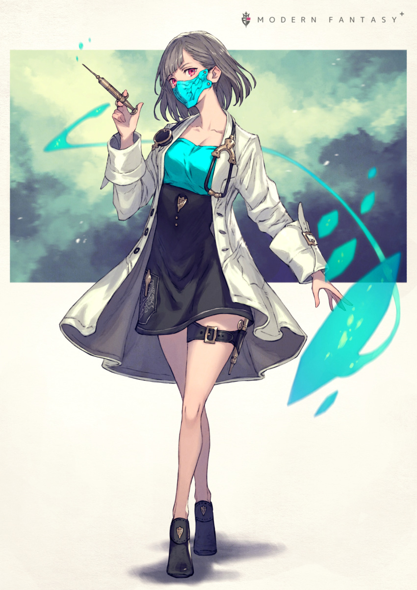 bad_id bad_pixiv_id belt blush breasts cleavage closed_mouth coat collarbone crossed_legs doctor english_text female full_body gradient_hair grey_hair highres holding holding_needle holding_syringe kusano_shinta lab_coat light_smile long_sleeves looking_at_viewer mask multicolored_hair needle open_clothes open_coat original red_eyes shoes short_hair simple_background sleeve_cuffs smile solo squirting_liquid standing stethoscope symbol syringe watson_cross