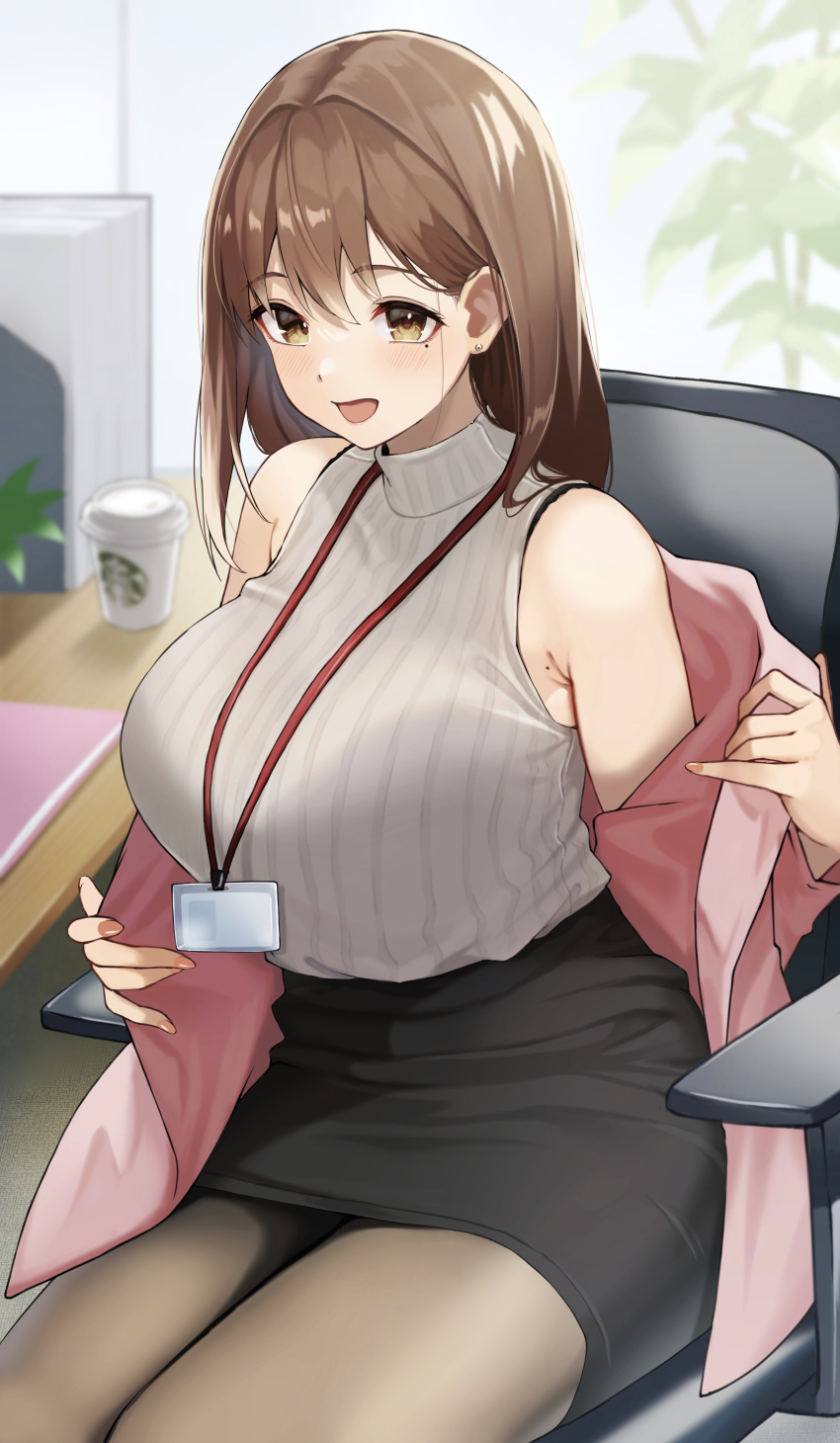 absurdres bare_shoulders blurry blurry_background blush breasts brown_eyes brown_hair brown_pantyhose chair commentary_request cup disposable_cup earrings female fingernails high-waist_skirt highres id_card indoors jacket jewelry large_breasts long_hair mole mole_on_armpit mole_under_eye off_shoulder office_lady ol-chan_(udon) on_chair open_mouth original pantyhose pencil_skirt pink_nails plant simple_background sitting skirt sleeveless smile solo starbucks udon_(udonalium)