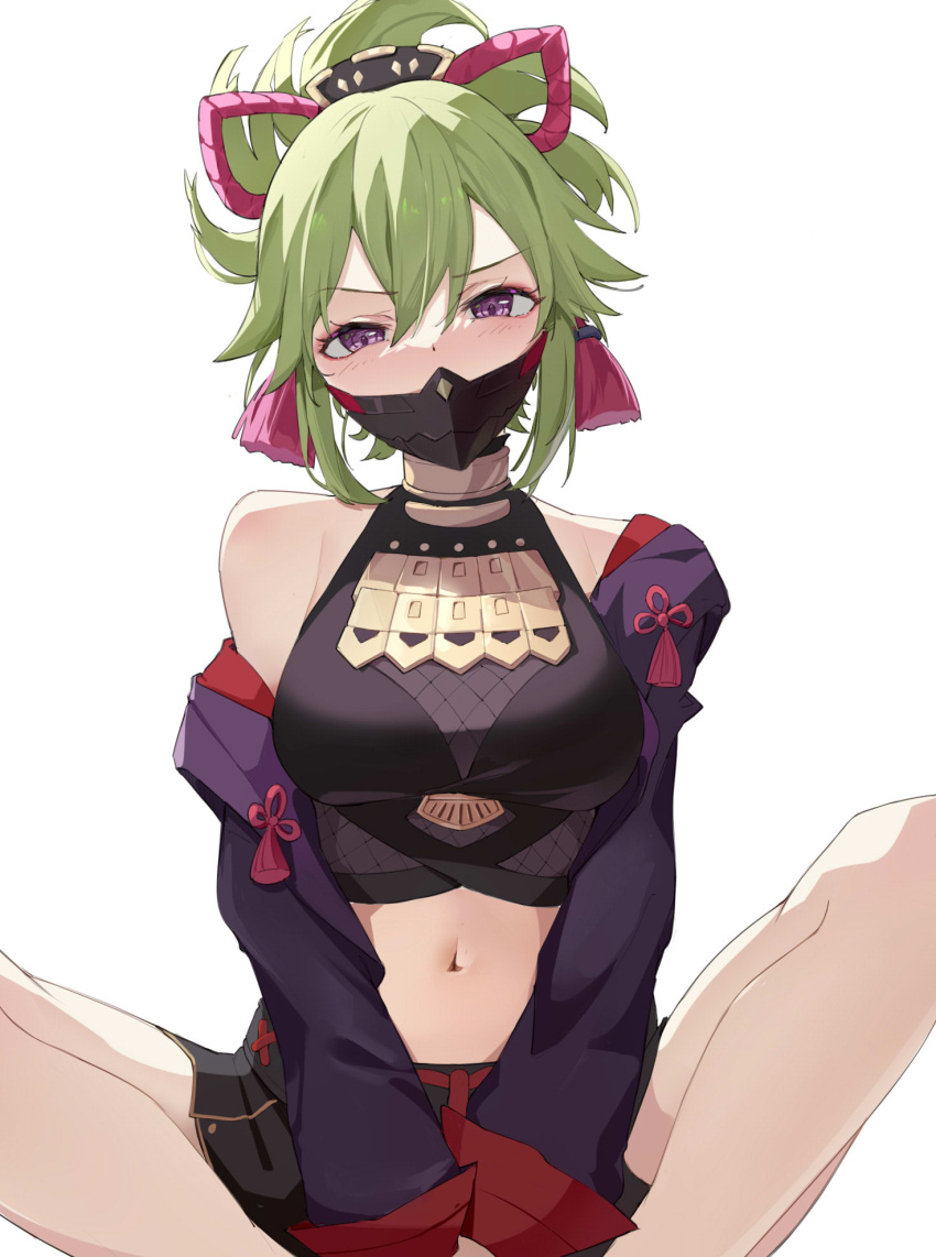 amco bare_shoulders black_shirt black_shorts breasts commentary crop_top female genshin_impact green_hair hair_between_eyes highres indian_style jacket kuki_shinobu long_sleeves looking_at_viewer mask medium_breasts midriff mouth_mask navel off_shoulder open_clothes open_jacket ponytail purple_eyes purple_jacket shirt short_hair short_shorts shorts simple_background sitting sleeveless sleeveless_shirt solo stomach thighs white_background