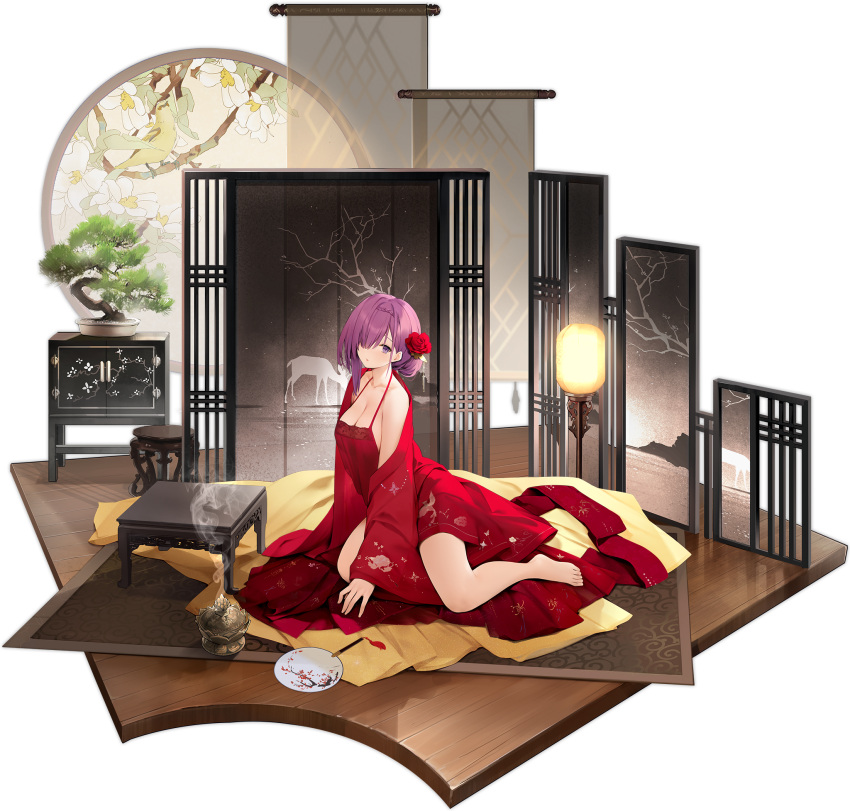 azur_lane bare_shoulders barefoot bonsai breasts carpet censer chinese_clothes circle cleavage dudou female flower full_body hair_bun hair_flower hair_ornament hair_over_one_eye hand_fan highres indoors lattice long_hair looking_at_viewer medium_breasts nightgown off_shoulder official_alternate_costume official_art painting_(object) penelope_(azur_lane) penelope_(ruby-red_boudoir)_(azur_lane) plant potted_plant purple_eyes purple_hair red_flower single_hair_bun sitting smoke solo stool suisai_(suisao) table transparent_background tuanshan wide_sleeves window_blinds wooden_floor yokozuwari