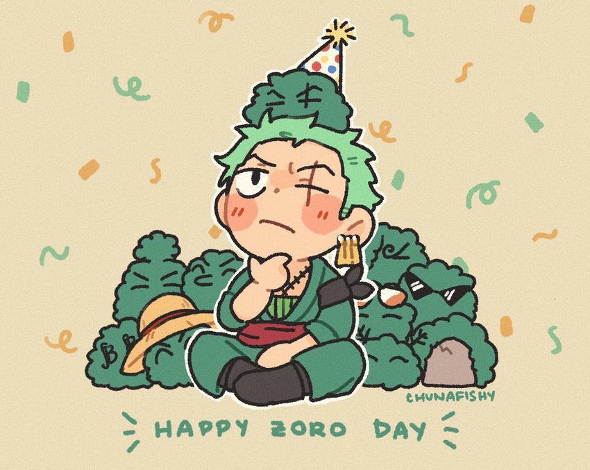 1boy ^_^ blush brook_(one_piece) chibi chunafishy closed_eyes curly_eyebrows earrings english_text franky_(one_piece) full_body green_hair green_kimono happy_birthday japanese_clothes jewelry jinbe_(one_piece) kimono male_focus marimo marimo_zoro monkey_d._luffy nami_(one_piece) nico_robin objectification one_piece roronoa_zoro sanji_(one_piece) scar scar_across_eye short_hair sideburns single_earring solo_focus tony_tony_chopper usopp