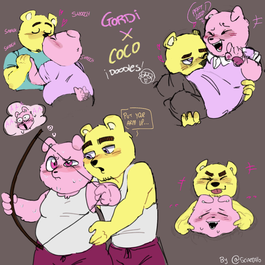 1:1 2023 anthro bear blush bottomwear carrying_another closed_eyes clothing coco_(unicorn_wars) duo english_text gordi_(unicorn_wars) hi_res kissing male male/male mammal pants pink_body sciaecallo shirt slightly_chubby tail tail_motion tailwag text tongue tongue_out topwear unicorn_wars yellow_body