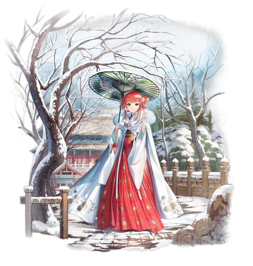 architecture azur_lane birmingham_(azur_lane) birmingham_(fruitful_snow_of_an_auspicious_year)_(azur_lane) chinese_clothes double_bun dress east_asian_architecture female fur-trimmed_collar fur_trim hair_bun highres holding holding_umbrella looking_at_viewer medium_hair official_alternate_costume official_art oil-paper_umbrella pavapo print_dress red_dress red_eyes red_hair snow snowing solo standing transparent_background tree two-tone_dress umbrella white_sleeves wide_sleeves