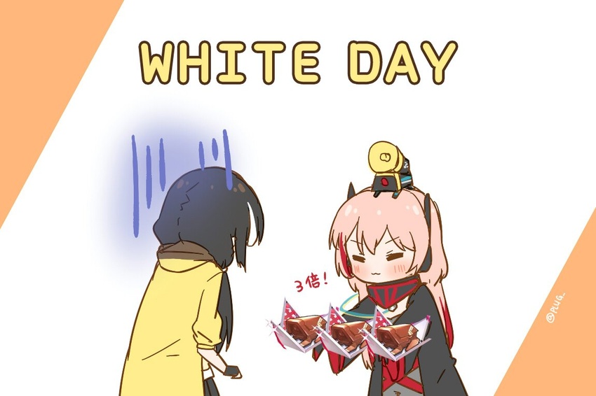 2girls banana_(girls'_frontline) black_hair chinese_commentary chocolate chocolate_statue closed_eyes commentary_request dinergate_(girls'_frontline) english_text gift girls'_frontline m4_sopmod_ii_(girls'_frontline) m4_sopmod_ii_(mod3)_(girls'_frontline) multiple_girls non-humanoid_robot pink_hair plug_(feng-yushu) ro635_(girls'_frontline) robot white_day