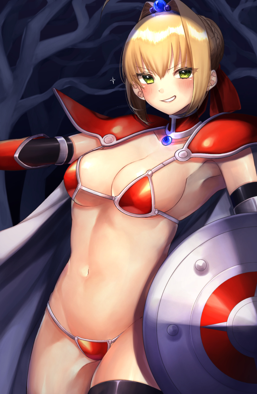 ahoge armor armpits bikini bikini_armor blonde_hair blush braid breasts cleavage collar collarbone commentary_request cosplay elbow_gloves elizabeth_bathory_(brave)_(fate) elizabeth_bathory_(brave)_(fate)_(cosplay) elizabeth_bathory_(fate) fate/extra fate/extra_ccc fate/grand_order fate_(series) female gloves green_eyes hair_intakes highres looking_at_viewer micro_bikini navel nero_claudius_(fate) nero_claudius_(fate/extra) night outdoors pauldrons shield shoulder_armor smirk smug solo swimsuit thighhighs tree yayoi_maka