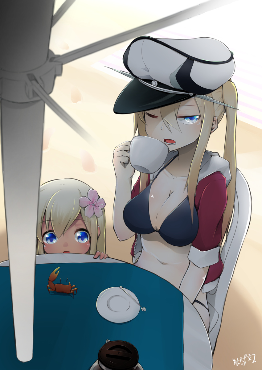 2girls absurdres arm_at_side beach_umbrella blonde_hair breasts commentary_request crab cup dai_yasude graf_zeppelin_(kancolle) hair_between_eyes hat head_rest highres jacket kantai_collection large_breasts looking_at_viewer midriff military_hat multiple_girls one_eye_closed open_clothes open_jacket open_mouth peaked_cap ro-500_(kancolle) sidelocks sitting table tan teacup track_jacket twintails umbrella