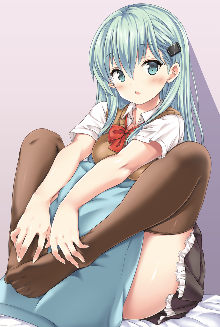 aqua_eyes aqua_hair bad_id bad_pixiv_id blush bow bowtie breasts brown_legwear brown_skirt brown_vest chestnut_mouth feet female frilled_skirt frills hair_ornament hairclip hands_on_feet highres kantai_collection leg_lift long_hair looking_at_viewer medium_breasts nijimoto_hirok no_shoes open_mouth pillow plantar_flexion pleated_skirt purple_background red_bow red_bowtie remodel_(kantai_collection) shirt skirt solo suzuya_(kancolle) sweater_vest vest white_shirt