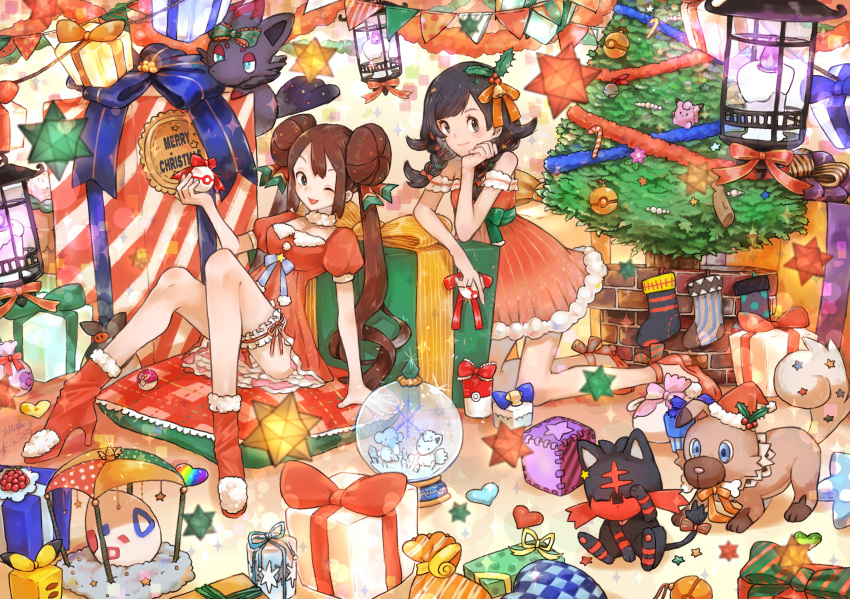 2girls ;d alolan_vulpix black_hair box breasts bridal_garter brown_hair candle candy candy_cane canine christmas christmas_stocking christmas_tree clefairy commentary_request cubchoo cushion double_bun dress egg english_text feline fire flipped_hair food fur-trimmed_dress fur_trim gift gift_box green_ribbons hair_bun head_rest heart high_heels highres indoors kneeling litten litwick looking_at_viewer love_ball merry_christmas multiple_girls off-shoulder_dress off_shoulder on_floor one_eye_closed open_mouth pikachu poke_ball poke_ball_theme pokemon pokemon_(creature) pokemon_bw2 pokemon_egg pokemon_usum puffy_short_sleeves puffy_sleeves red_dress red_footwear red_ribbon ribbon rockruff rosa_(pokemon) sash selene_(pokemon) short_sleeves sidelocks signature sitting small_breasts small_stellated_dodecahedron smile star_(symbol) string_of_flags striped striped_ribbon stuffed_toy tied_hair togepi togepi_egg twintails yellowking_hiro zorua