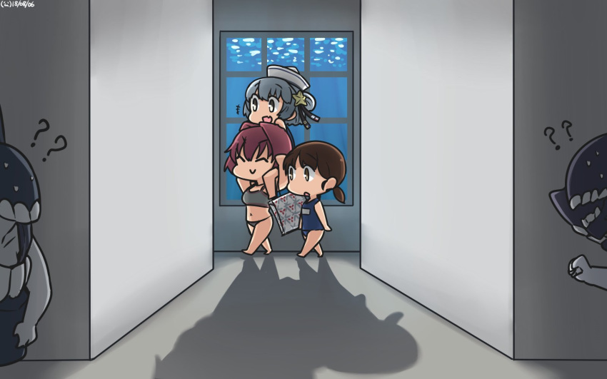 3girls ? ?? bag bikini black_ribbon blue_hair blue_one-piece_swimsuit brown_eyes brown_hair carrying character_request chibi closed_eyes commentary dixie_cup_hat double_bun full_body grey_bikini hair_bun hallway hamu_koutarou hat hat_ribbon highres kantai_collection kinu_(kancolle) kunihiko_moriguchi low_twintails military_hat mitsukoshi_(department_store) multiple_girls one-piece_swimsuit parted_bangs red_hair ribbon samuel_b._roberts_(kancolle) school_swimsuit shadow shirayuki_(kancolle) short_hair short_twintails shoulder_carry sleeve_cuffs sports_bikini swimsuit twintails white_hat window yellow_eyes