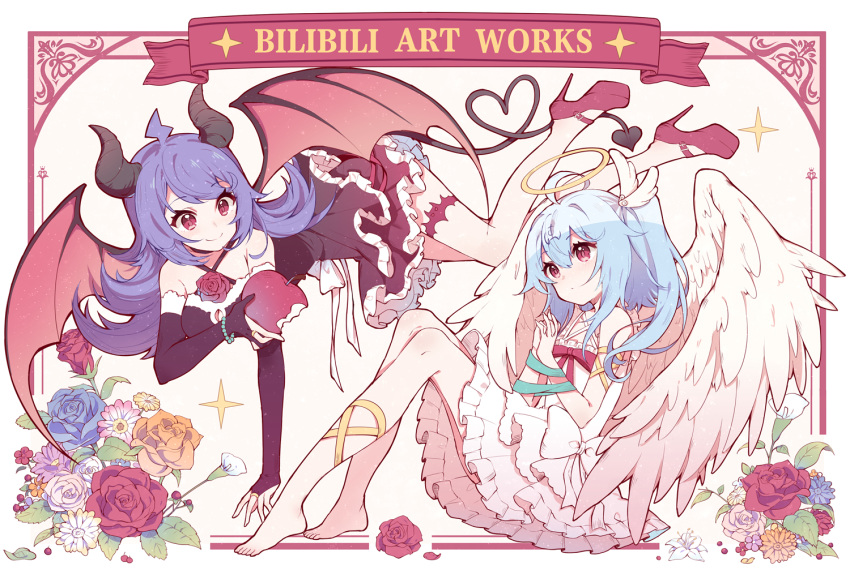 2girls ahoge angel angel_and_devil angel_wings apple barefoot bili_girl_22 bili_girl_33 bilibili black_gloves blue_hair blush bracelet breasts cleavage closed_mouth commentary_request copyright_name demon_horns demon_wings elbow_gloves feathered_wings flat_chest flower food fruit gloves halo heart heart_tail high_heels holding holding_food holding_fruit horns jewelry large_breasts long_hair looking_at_another multiple_girls one_side_up parted_lips partially_fingerless_gloves red_eyes red_flower red_rose rose sharlorc short_hair smile tail wings