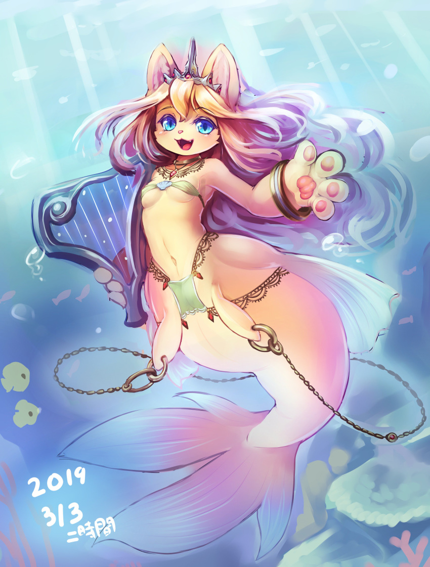 absurdres animal_ears bikini blonde_hair blue_eyes body_piercings bracelet breasts cameltoe cat_ears chains commentary_request female fish furry furry_female green_bikini harp highres instrument jewelry light_rays long_hair mermaid monster_girl navel necklace ni_jikan oerba_yun_fang original piercing small_breasts solo swimsuit tiara underwater