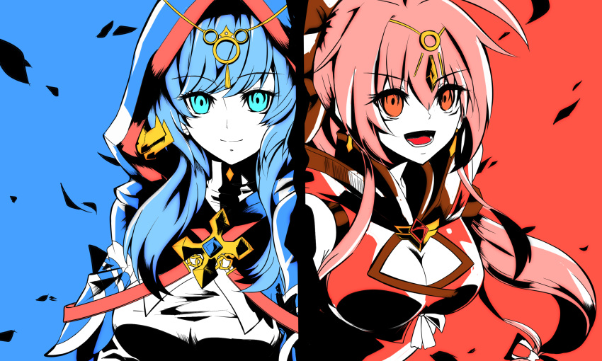 2girls blue_eyes blue_hair breasts cleavage cloak commentary_request earrings elsword hair_ornament highres hood ignia_(elsword) jewelry korean_commentary long_hair multiple_girls open_mouth orange_eyes orange_hair priestess sasha_(elsword) simple_background smile soo_(vyve2555)