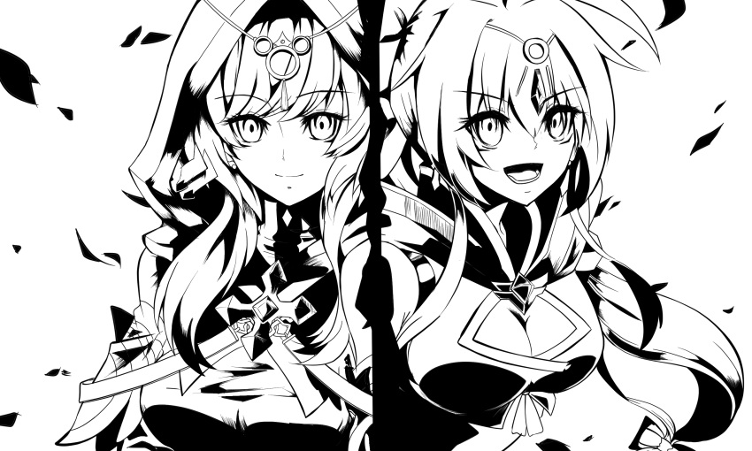 2girls breasts cleavage cloak commentary_request earrings elsword greyscale hair_ornament highres hood ignia_(elsword) jewelry korean_commentary long_hair monochrome multiple_girls open_mouth priestess sasha_(elsword) simple_background smile soo_(vyve2555)