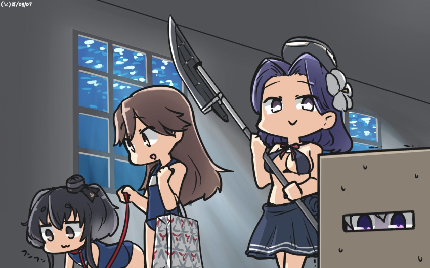 4girls abyssal_ship all_fours alternate_costume animal_collar arashio_(kancolle) black_hair box brown_eyes brown_hair collar commentary glaive_(polearm) glowing glowing_eyes gradient_hair halo hamu_koutarou headgear highres indoors kantai_collection kunihiko_moriguchi leash long_hair mechanical_halo mitsukoshi_(department_store) multicolored_hair multiple_girls open_mouth pale_skin pet_play polearm purple_eyes purple_hair re-class_battleship school_swimsuit short_hair short_hair_with_long_locks sidelocks smirk snake_box_sneak swimsuit tatsuta_(kancolle) tokitsukaze_(kancolle) trembling walking weapon white_hair