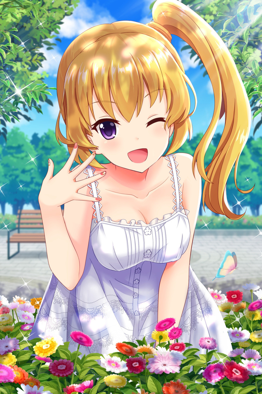 :d absurdres alternative_girls bare_shoulders blonde_hair blush breasts bug butterfly cleavage collarbone commentary_request dappled_sunlight day dress female flower high_side_ponytail highres large_breasts long_hair looking_at_viewer mizushima_airi nail_polish official_art one_eye_closed open_mouth orange_flower outdoors pink_flower pink_nails purple_eyes red_flower side_ponytail smile solo sunlight tree white_dress white_flower yellow_flower