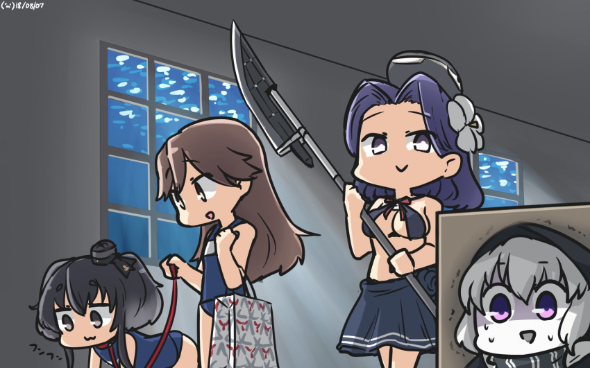 4girls abyssal_ship all_fours alternate_costume animal_collar arashio_(kancolle) black_hair box brown_eyes brown_hair collar commentary_request glaive_(polearm) glowing glowing_eyes gradient_hair grey_hair halo hamu_koutarou headgear highres indoors kantai_collection kunihiko_moriguchi leash long_hair mechanical_halo mitsukoshi_(department_store) multicolored_hair multiple_girls open_mouth pale_skin pet_play polearm purple_eyes purple_hair re-class_battleship school_swimsuit short_hair short_hair_with_long_locks sidelocks smirk snake_box_sneak swimsuit tatsuta_(kancolle) tokitsukaze_(kancolle) trembling weapon white_hair