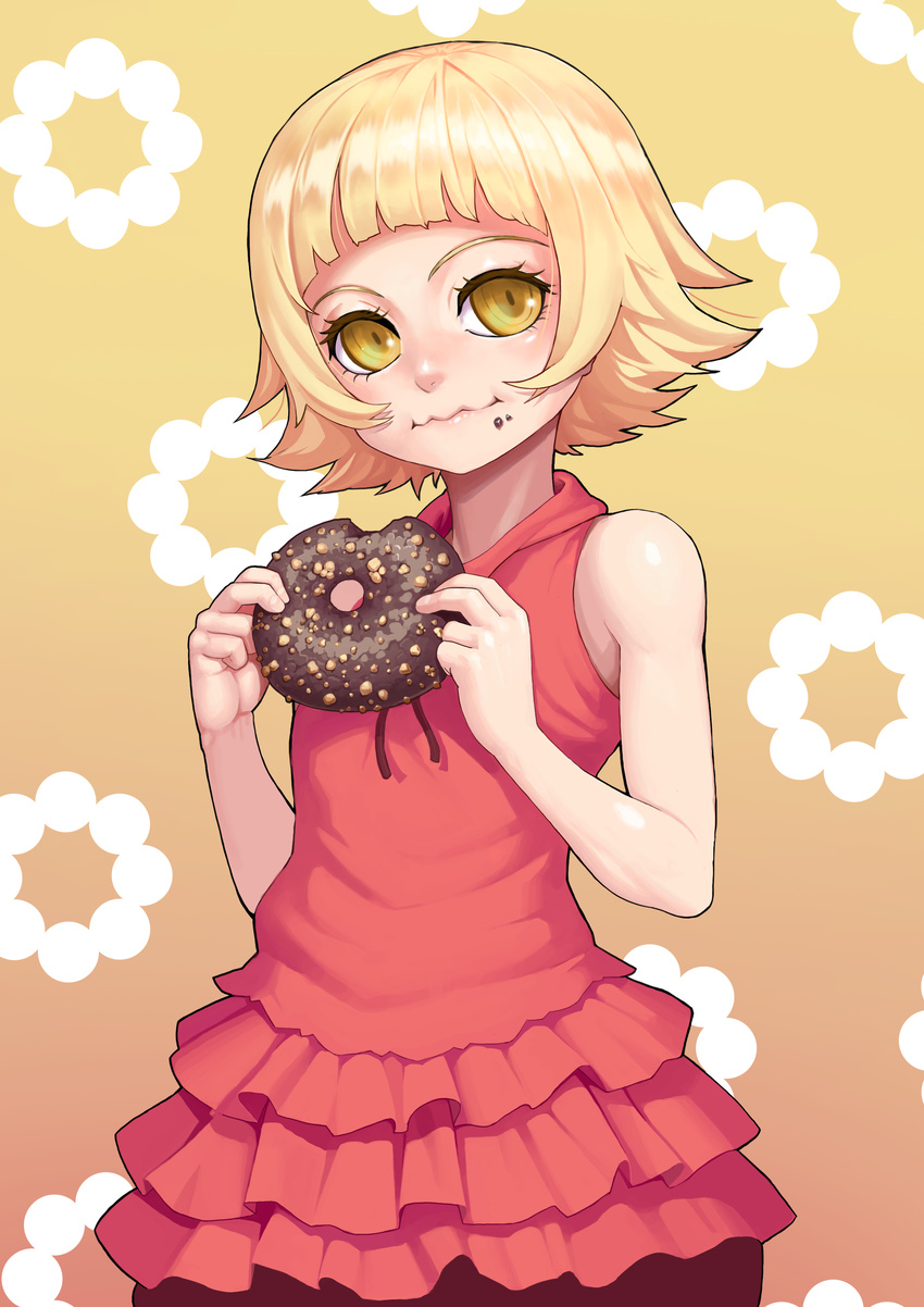 :t absurdres bakemonogatari bare_shoulders blonde_hair blunt_bangs blush commentary_request doughnut dress eating female food food_on_face gonster highres kizumonogatari looking_at_viewer md5_mismatch monogatari_(series) oshino_shinobu pointy_ears short_hair sleeveless sleeveless_dress smile solo spiked_hair yellow_eyes