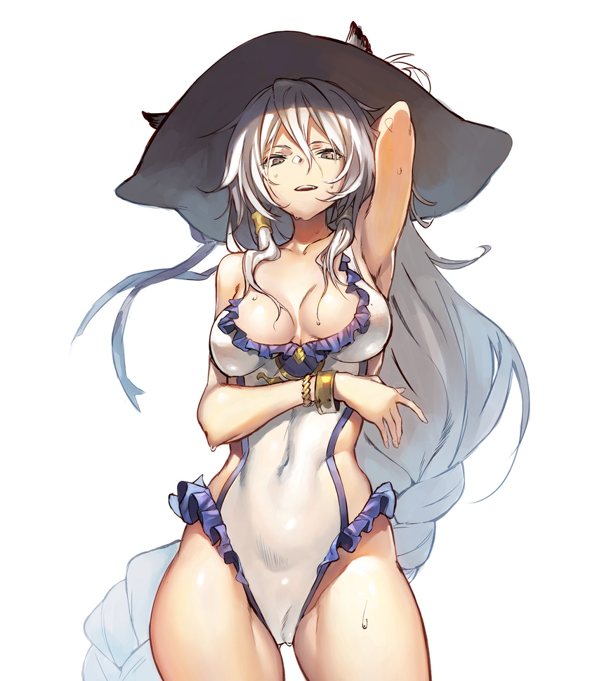 animal_ears arm_behind_head arm_up armpits azuki_(azuki-taste) bracelet braid breasts casual_one-piece_swimsuit collarbone commentary contrapposto covered_navel cowboy_shot erune female frilled_one-piece_swimsuit frills granblue_fantasy hat heles heles_(summer)_(granblue_fantasy) highres jewelry long_hair looking_at_viewer low-braided_long_hair low-tied_long_hair official_alternate_costume one-piece_swimsuit simple_background single_braid solo standing sweat swimsuit very_long_hair wet white_background white_hair yellow_eyes