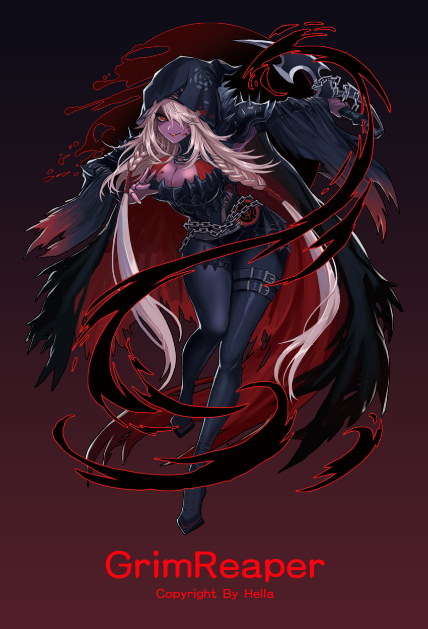 belt belt_buckle blonde_hair blood blood_on_clothes blood_on_face braid breasts buckle chains cleavage commentary_request dagger dungeon_and_fighter female fingerless_gloves floral_print flower gloves gradient_background hair_over_one_eye hella_p highres holding holding_dagger holding_knife holding_weapon hood knife long_hair photoshop_(medium) pink_gloves red_eyes red_lips rose rose_print shaded_face shadow_dancer_(dungeon_and_fighter) smile solo spikes standing thief_(dungeon_and_fighter) tied_hair torn_clothes weapon