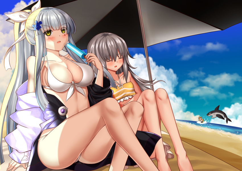 3girls alternate_costume arm_support ass barefoot beach bikini blunt_bangs blush breasts cleavage closed_eyes commentary_request day facial_mark food g11_(girls'_frontline) girls'_frontline green_eyes grey_hair hair_between_eyes hair_ornament head_tilt highres hk416_(girls'_frontline) idw_(girls'_frontline) jacket long_hair looking_at_viewer medium_breasts multiple_girls ocean open_clothes open_jacket open_mouth outdoors popsicle sand shade sitting sleeping small_breasts surprised swimsuit thighs very_long_hair yan_lie