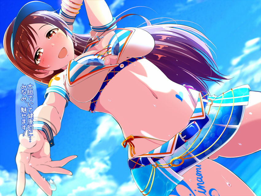 belt bikini blush breasts brown_eyes brown_hair cloud cloudy_sky commentary_request crop_top day dutch_angle female from_below headset idolmaster idolmaster_cinderella_girls idolmaster_cinderella_girls_starlight_stage kurorettsu large_breasts long_hair looking_at_viewer microskirt midriff navel nitta_minami open_mouth side-tie_bikini_bottom skirt sky smile solo swimsuit tattoo translation_request visor_cap