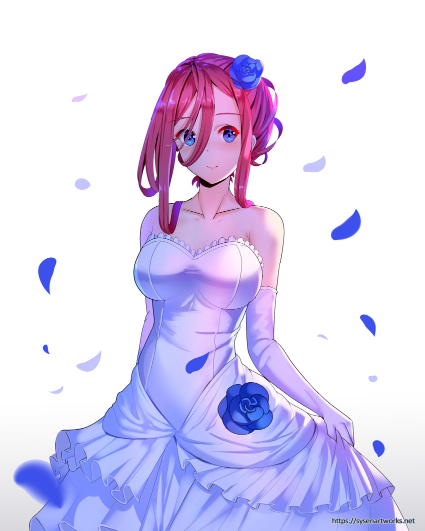 bare_shoulders blue_eyes blue_flower blue_rose breasts bride collarbone commentary dress elbow_gloves female flower gloves go-toubun_no_hanayome hair_flower hair_ornament highres large_breasts looking_at_viewer making-of_available nakano_miku petals photoshop_(medium) purple_eyes red_hair rose rose_petals smile solo strapless strapless_dress sysen updo watermark web_address wedding_dress white_background white_dress white_gloves