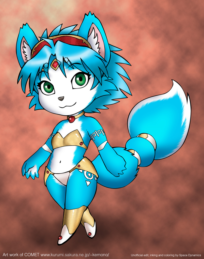 anthro blue_body blue_fur canid canine chibi clothed clothing digital_media_(artwork) dr_comet female fox fully_clothed fur green_eyes hi_res jewelry krystal_(star_fox) mammal necklace nintendo simple_background skimpy solo space_dynamics standing star_fox tail text third-party_edit