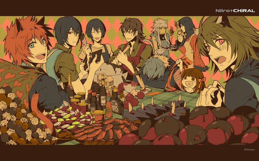 akira_(togainu_no_chi) animal_ears apple apron argyle_background artist_request blue_eyes blue_hair brown_hair cake candy cat_ears character_request chocolate chocolate_making company_name copyright_request fangs food fruit furoshiki green_hair hair_ribbon heart heart_in_mouth heart_print highres hot_sauce kagari_(lamento) kitani_kouhei knife konoe_(lamento) lamento limited_palette milk multiple_boys multiple_girls nitro+_chiral orange_hair red_eyes ribbon sakiyama_youji slit_pupils smile sweet_pool togainu_no_chi tokino_(lamento) valentine watermark