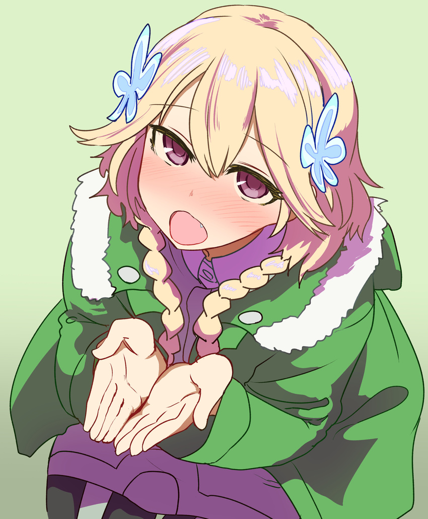 blonde_hair blush braid commentary_request dress female flower from_above green_background green_jacket hair_flower hair_ornament highres jacket long_hair long_sleeves looking_at_viewer misono_chiaya oerba_yun_fang open_mouth oral_invitation own_hands_together purple_dress purple_eyes simple_background solo squatting sumiyao_(amam) the_rolling_girls twin_braids