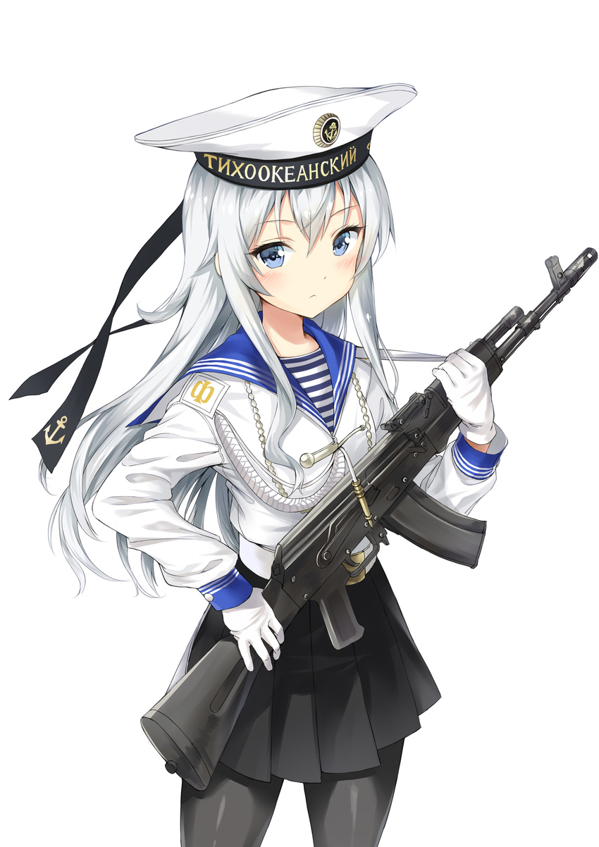 absurdres ak-74m alternate_costume assault_rifle black_pantyhose black_skirt blue_eyes clothes_writing commentary cowboy_shot english_commentary eyebrows female gloves gun hair_between_eyes hat hibiki_(kancolle) highres holding holding_weapon kalashnikov_rifle kantai_collection long_hair long_sleeves looking_at_viewer military pantyhose phanc photoshop_(medium) rifle russian_navy russian_text sailor shirt simple_background skirt solo standing striped_clothes striped_shirt telnyashka translated uniform verniy_(kancolle) weapon white_background white_gloves white_hair white_skirt