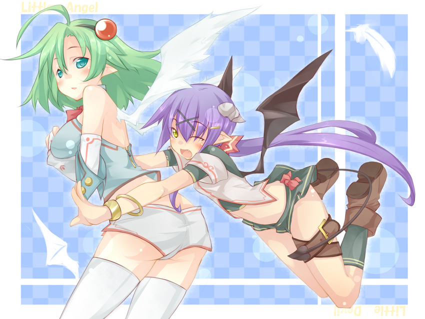 2girls angel_and_devil angel_wings bad_id bad_pixiv_id demon_wings green_eyes green_hair highres kazami_ryouya multiple_girls oerba_yun_fang one_eye_closed original pointy_ears purple_hair thighhighs wings yellow_eyes