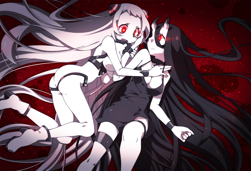 2girls abyssal_ship airfield_princess ankle_boots battleship_princess black_dress black_hair boots breasts choker cleavage commentary_request dress glowing glowing_eyes highres hime_takeo horns kantai_collection large_breasts leotard long_hair multiple_girls open_mouth pale_skin red_eyes short_dress very_long_hair white_footwear white_hair yuri