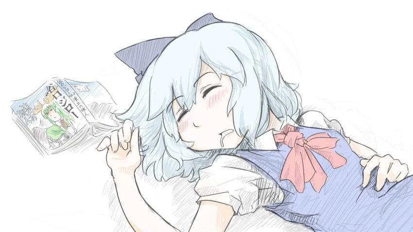 antlers blue_bow blue_hair blush book bow cirno closed_eyes commentary_request drooling ex-keine female green_hair hairbow hand_on_own_stomach horns kamishirasawa_keine lying naui_kudan neck_ribbon on_back red_ribbon ribbon short_hair short_sleeves sleeping solo touhou upper_body white_background