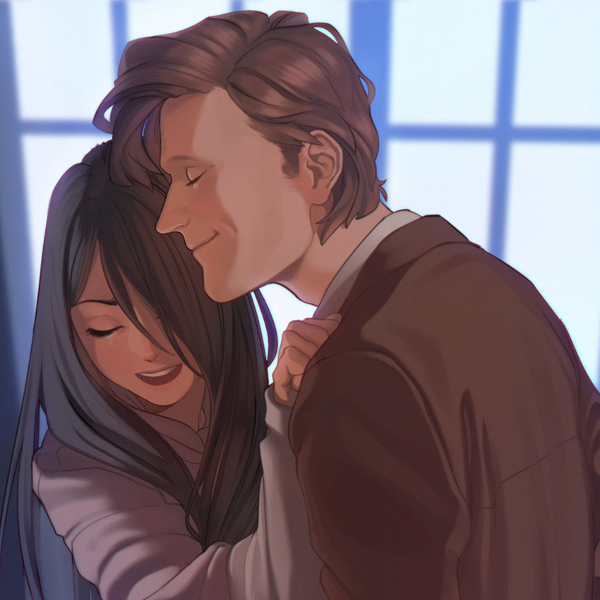 1boy abbystea bad_id bad_twitter_id black_hair brown_hair clara_oswald closed_eyes doctor_who eleventh_doctor_(doctor_who) female jacket open_mouth original smile suit_jacket tardis the_doctor window