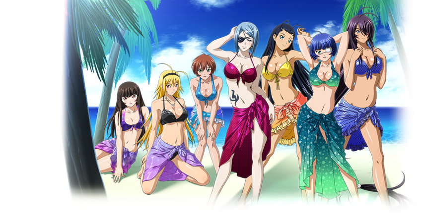 6+girls 7girls bathing_suit beach blonde_hair chousen ikkitousen kakouen_myousai kan'u_unchou kanu_unchou midriff multiple_girls ocean official_art palm_tree pareo ryomou_shimei sarong swimsuit tattoo ten'i ten'i_(ikkitousen) tree