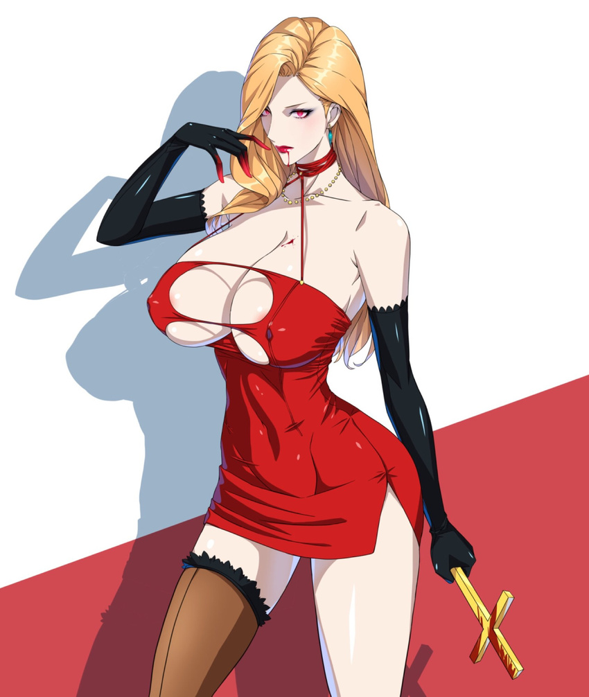 blonde_hair breasts cleavage colored_skin commentary_request covered_nipples cross dress earrings elbow_gloves electricblue female gloves highres huge_breasts jewelry necklace red_dress red_eyes solo vampire white_skin