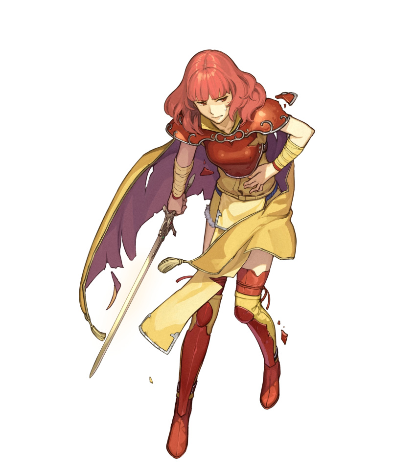 armor bandaged_arm bandages breastplate broken_armor cape celica_(fire_emblem) celica_(warrior_princess)_(fire_emblem) clenched_teeth female fire_emblem fire_emblem_echoes:_shadows_of_valentia fire_emblem_gaiden fire_emblem_heroes full_body hidari_(left_side) high_heels highres holding holding_sword holding_weapon long_hair non-web_source official_art parted_lips pelvic_curtain red_eyes red_hair solo sword teeth thighhighs torn_cape torn_clothes transparent_background weapon