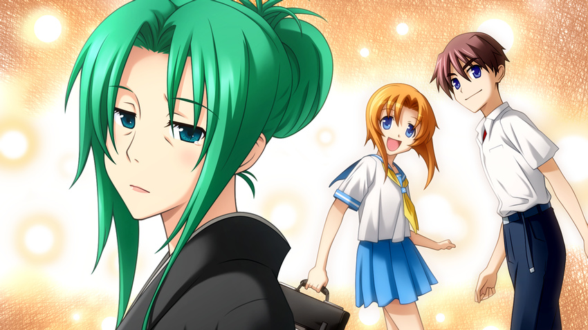 1boy 2girls aged_up aqua_eyes artist_request bag belt check_artist game_cg green_hair higurashi_no_naku_koro_ni japanese_clothes kimono lipstick looking_at_viewer maebara_keiichi makeup multiple_girls official_art rato ryuuguu_rena sad school_bag school_uniform smile sonozaki_mion spoilers tears tied_hair yoigoshi-hen