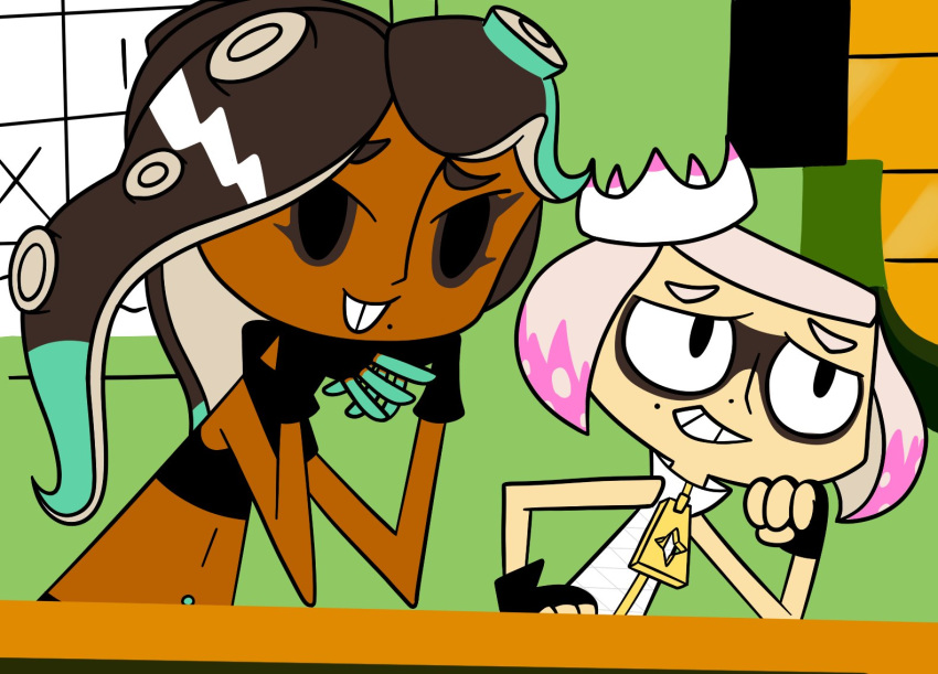 2girls artist_request black_eyes brit_crust buckteeth fingerless_gloves gloves hime_(splatoon) iida_(splatoon) inkling multiple_girls my_life_as_a_teenage_robot octoling parody splatoon splatoon_2 tiff_crust