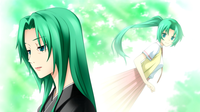 2girls aged_up aqua_eyes artist_request check_artist game_cg green_hair higurashi_no_naku_koro_ni japanese_clothes kimono lipstick makeup multiple_girls necktie official_art ponytail rato school_uniform siblings sisters smile sonozaki_mion sonozaki_shion spoilers tears twins yoigoshi-hen