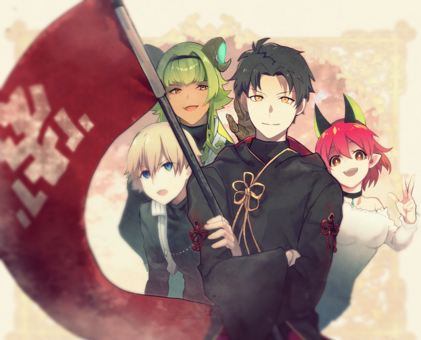 3boys :d :o bad_id bad_pixiv_id black_choker black_hair black_robe blonde_hair blue_eyes brown_eyes choker crossed_arms david_canopus female flag gloves green_hair hand_up horns keiichi_(pixiv_fantasia_last_saga) leaning_forward looking_at_viewer lynx_normansland multiple_boys open_mouth pixiv_fantasia pixiv_fantasia_last_saga pointy_ears red_hair rererenoren robe short_hair smile standing upper_body wide_sleeves yellow_eyes